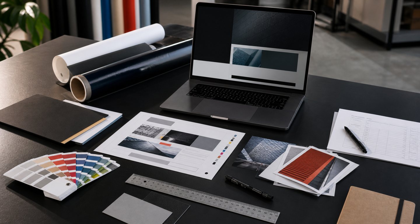 Planungsunterlagen, Laptop, Farbmuster und Druckproben auf einem Agentur-Schreibtisch