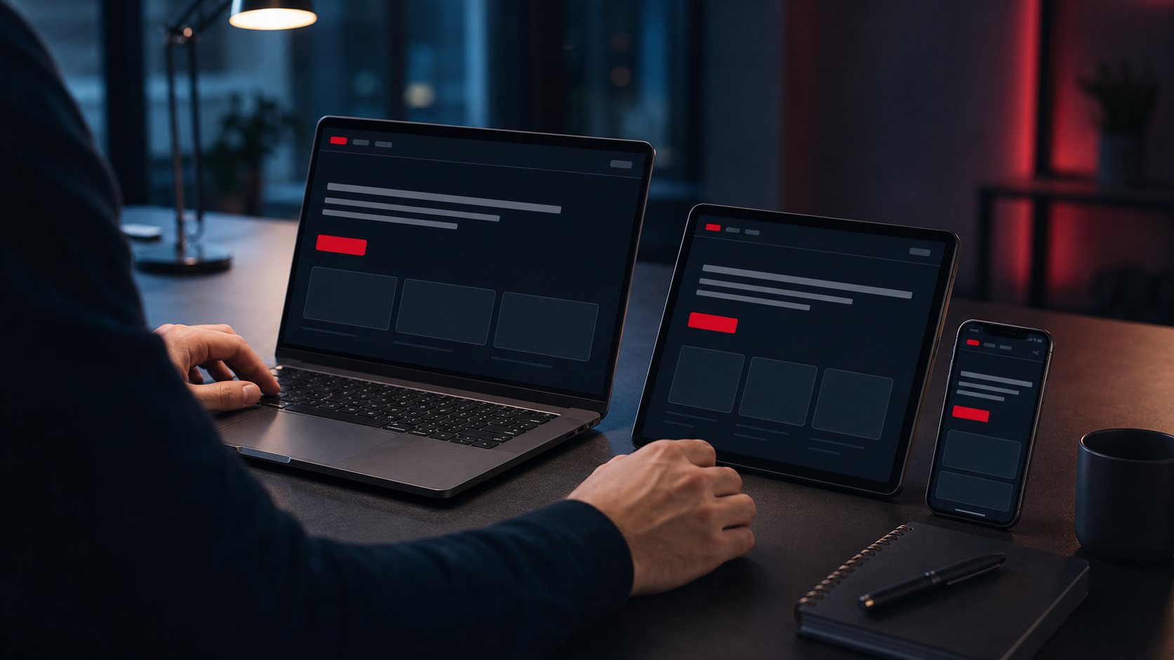 Laptop, Tablet und Smartphone zeigen dasselbe Website-Layout in angepassten Größen.
