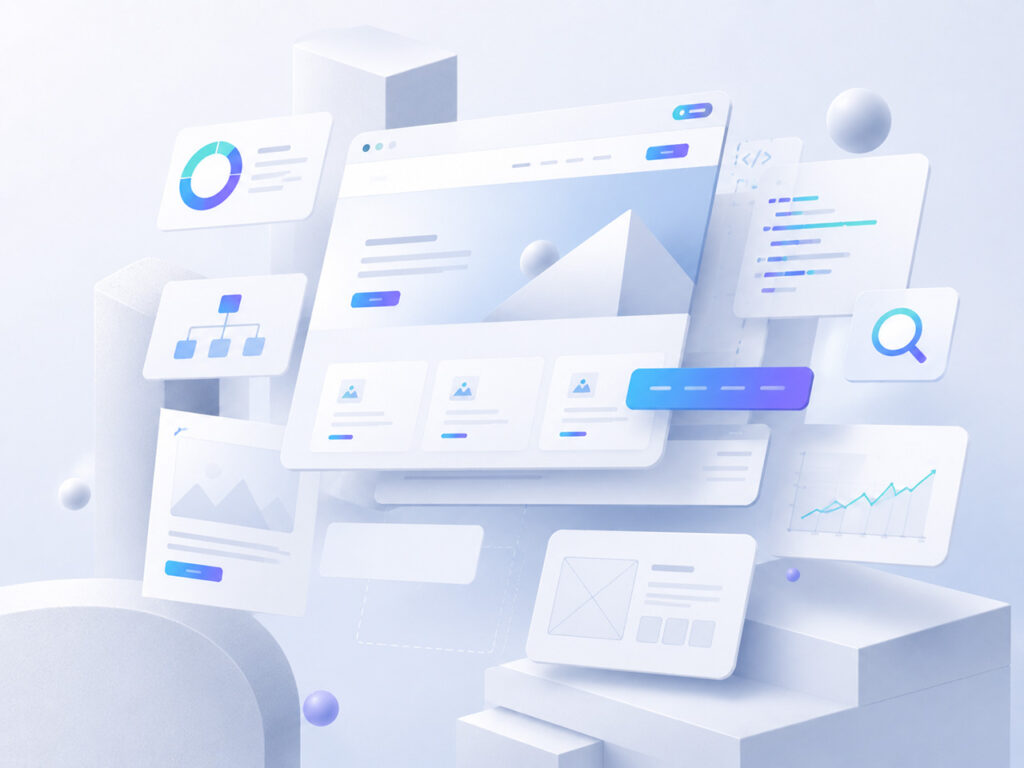 Abstraktes modernes Webdesign mit UI-Elementen, Code und SEO-Symbolen