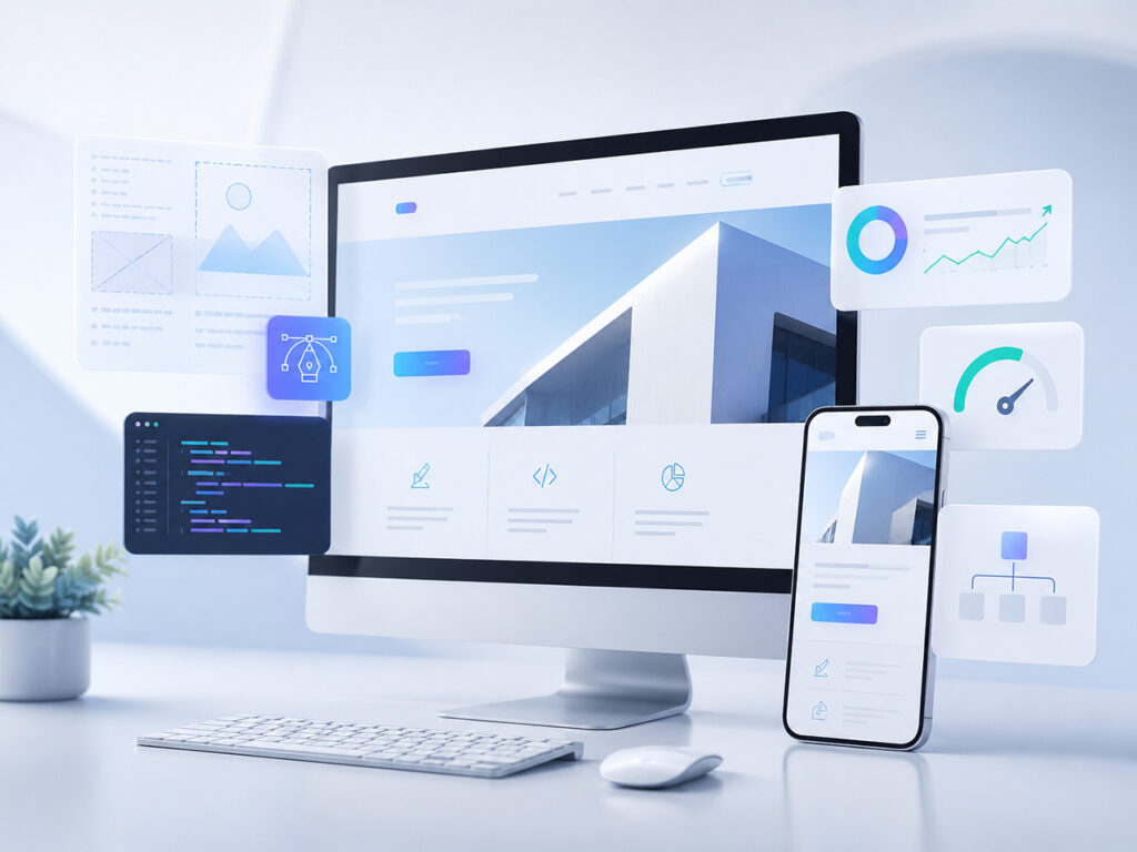 Modernes Webdesign auf Desktop und Smartphone mit UI-Elementen, Code und Analyse-Grafiken