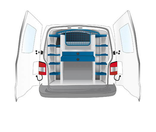 3D-Visualisierung einer passgenauen Fahrzeugeinrichtung im geöffneten Transporter