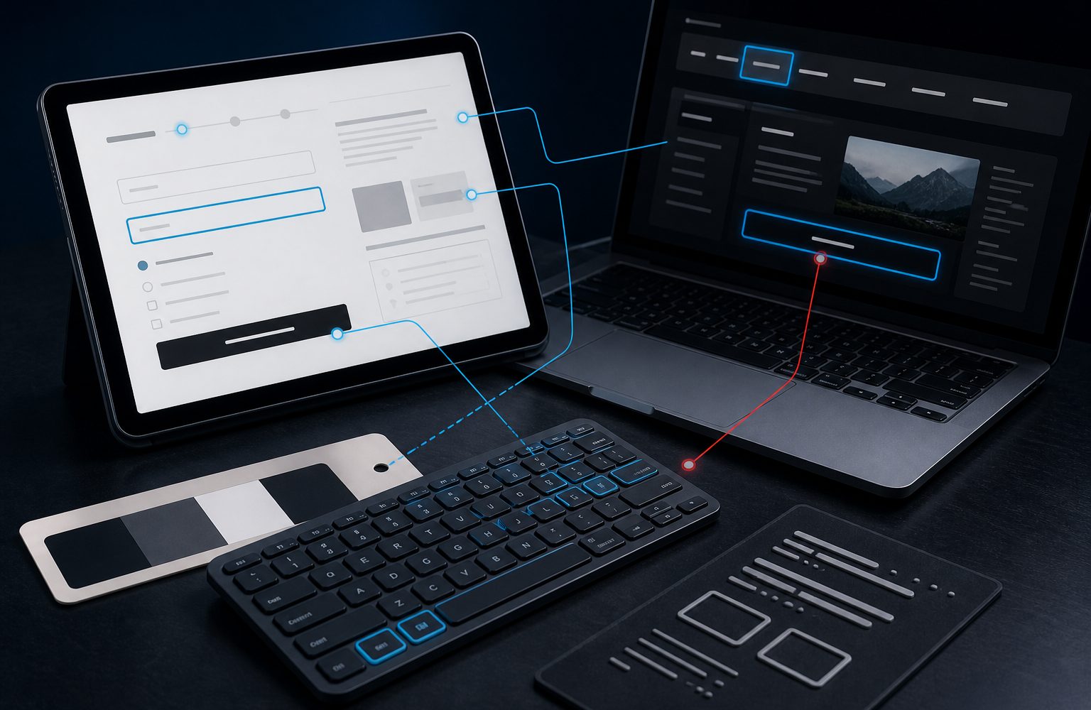 Tablet, Laptop und Tastatur zeigen eine Barrierefreiheitspr&uuml;fung mit Fokuslinien und Formularfeldern.