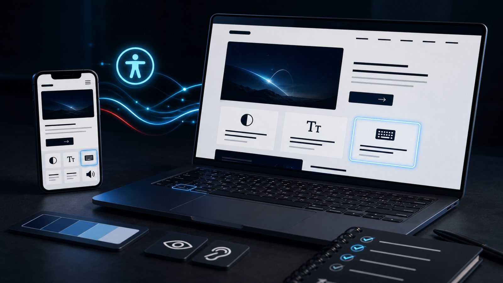 Laptop und Smartphone zeigen barrierefreie Website-Ansichten mit Fokusrahmen und Kontrastpr&uuml;fung.
