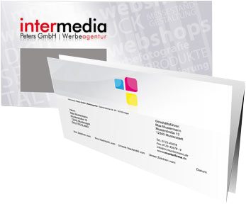 Gesch&auml;ftsausstattung von Intermedia: Briefbogen, Briefumschlag und Visitenkarte mit Firmenlogo