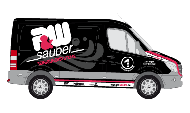 Schwarzer Kastenwagen mit Beschriftung f&uuml;r PW sauber Reinigungssysteme