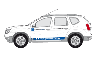 Weißer Geländewagen mit Beschriftung für Gerüstbau Hill