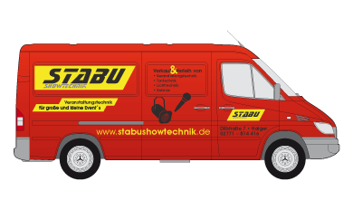 Roter Kastenwagen mit Beschriftung für Stabu Showtechnik