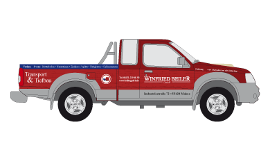 Roter Pick-up mit Beschriftung für Winfried Beiler Transport und Tiefbau