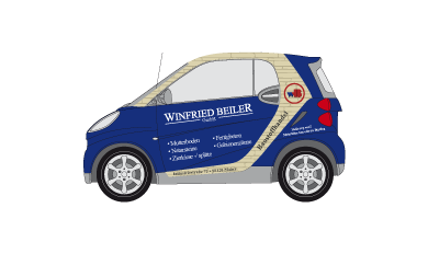 Blauer Kleinstwagen mit Beschriftung für Winfried Beiler