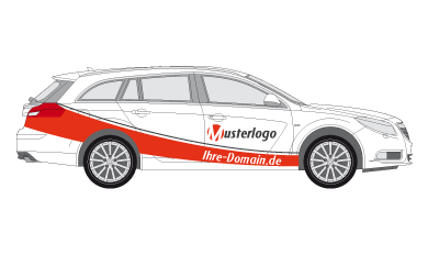 Weißer Kombi mit einem Musterentwurf aus roten Flächen und Platzhalter-Logo