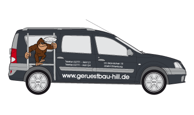 Dunkler Hochdachkombi mit Beschriftung für Gerüstbau Hill