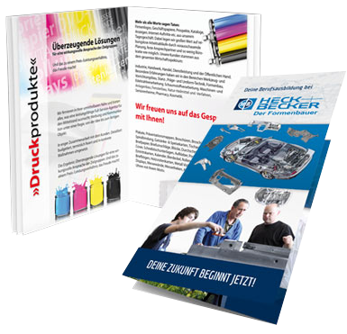 Gedruckte Arbeitsbeispiele: Brosch&uuml;re Druckprodukte, Wickelfalz-Flyer und Ausbildungsflyer f&uuml;r einen Formenbauer