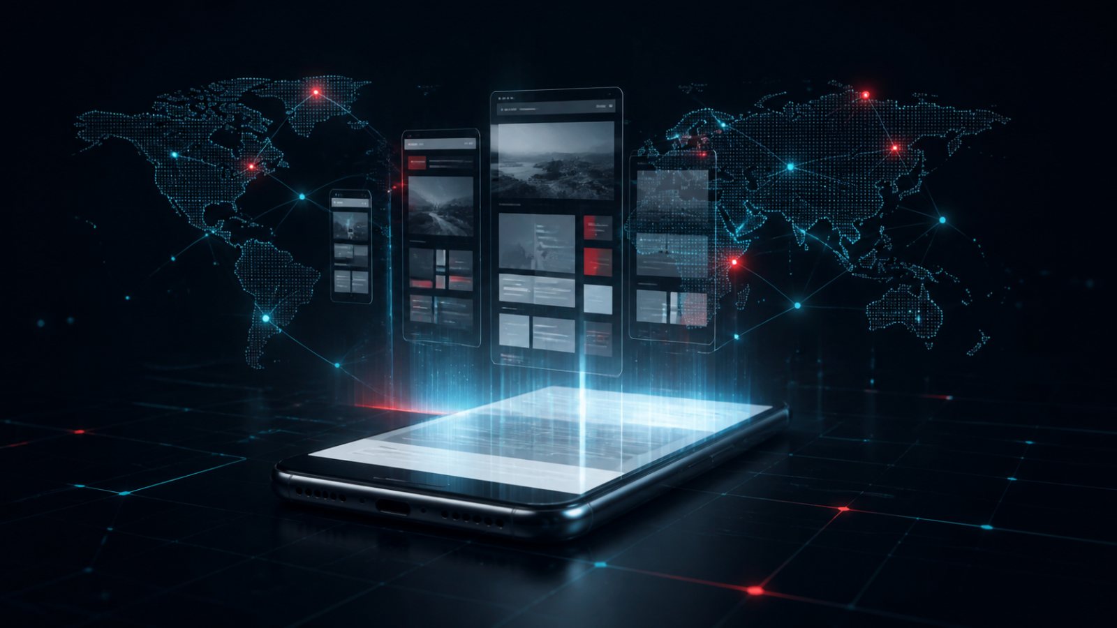 Smartphone mit mobilen Website-Ansichten und vernetzter Weltkarte.