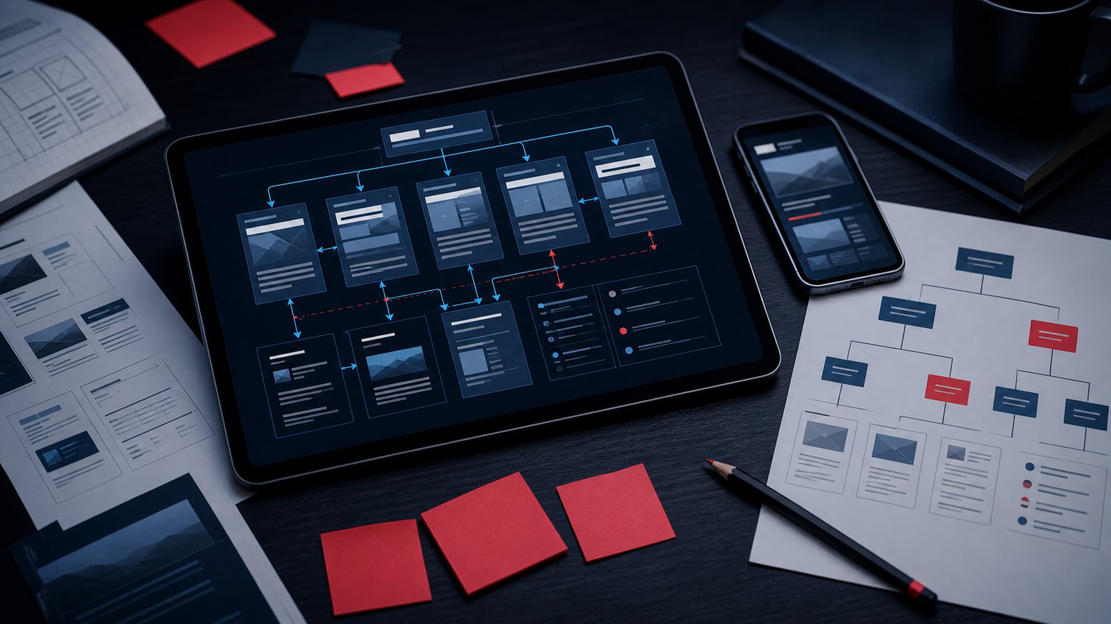 Tablet, Papier-Sitemap und Notizen zeigen eine SEO-Content-Struktur mit Seiten und internen Verweisen