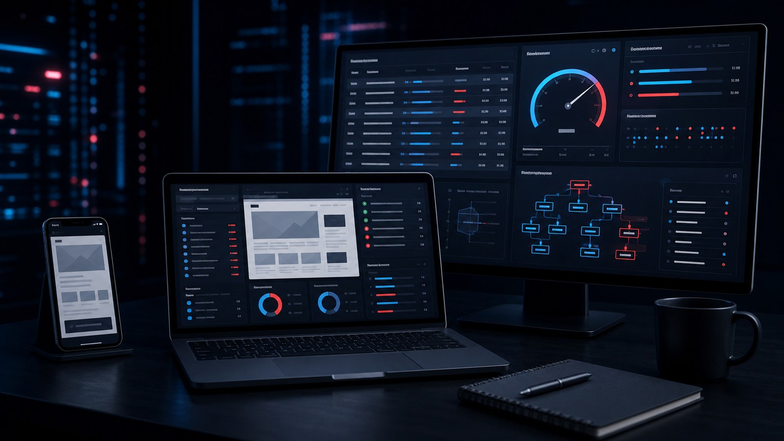 Arbeitsplatz mit Laptop, Monitor und Smartphone zeigt technische SEO-Prüfung, Ladezeit und Crawling