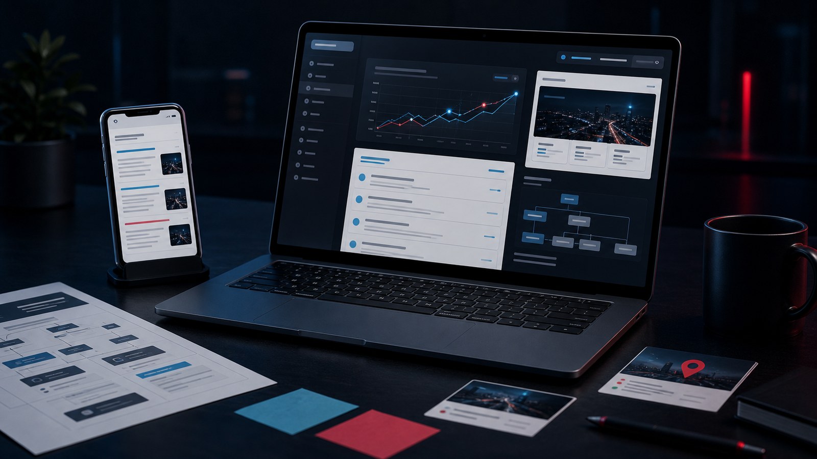 Laptop und Smartphone zeigen eine SEO-Analyse mit Website-Vorschau, Ranking-Daten und mobilen Suchergebnissen
