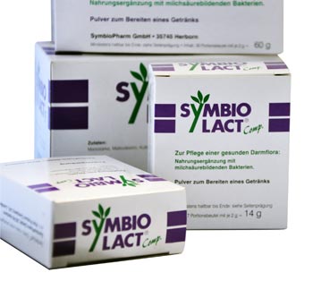 Drei Faltschachteln der Produktreihe Symbio Lact