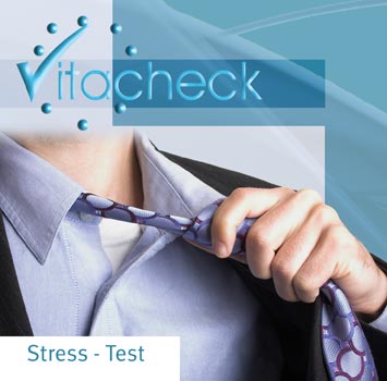 Blau gestaltete Verpackung für einen VitaCheck Stress-Test