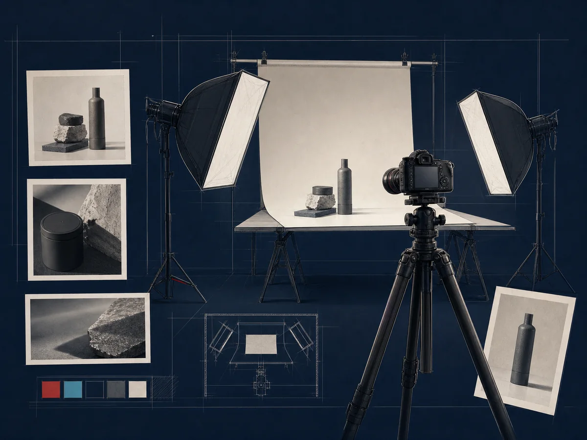 Gezeichnetes Fotostudio mit Kamera, zwei Softboxen, Aufnahmetisch und mehreren Bildabzügen