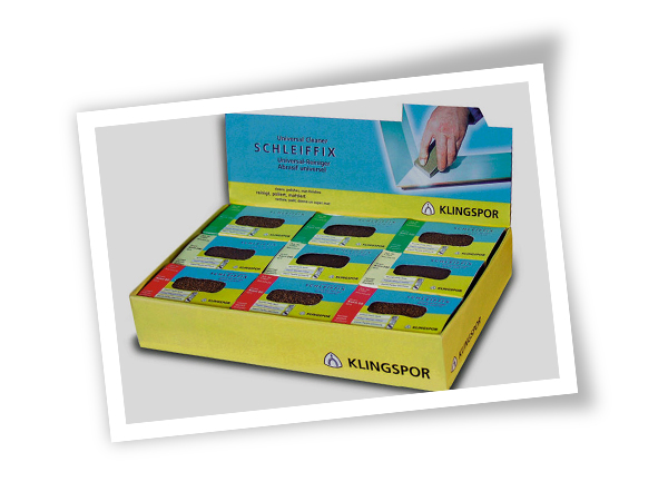 Geöffnete Produktbox mit mehreren farbigen Schleifmitteln